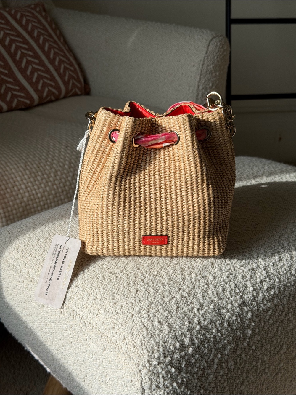 Jimmy Choo Bon Bon Bow Raffia Bucket Bag